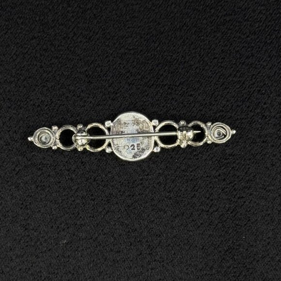 Vintage Sterling Silver Art Nouveau Revival Brooch—Titanium Druzy/Pearl Bar Pin - Picture 15 of 15
